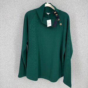 J Crew Womens Wide Collar Button Mockneck Pullover Sweatshirt Size XL Green NEW
